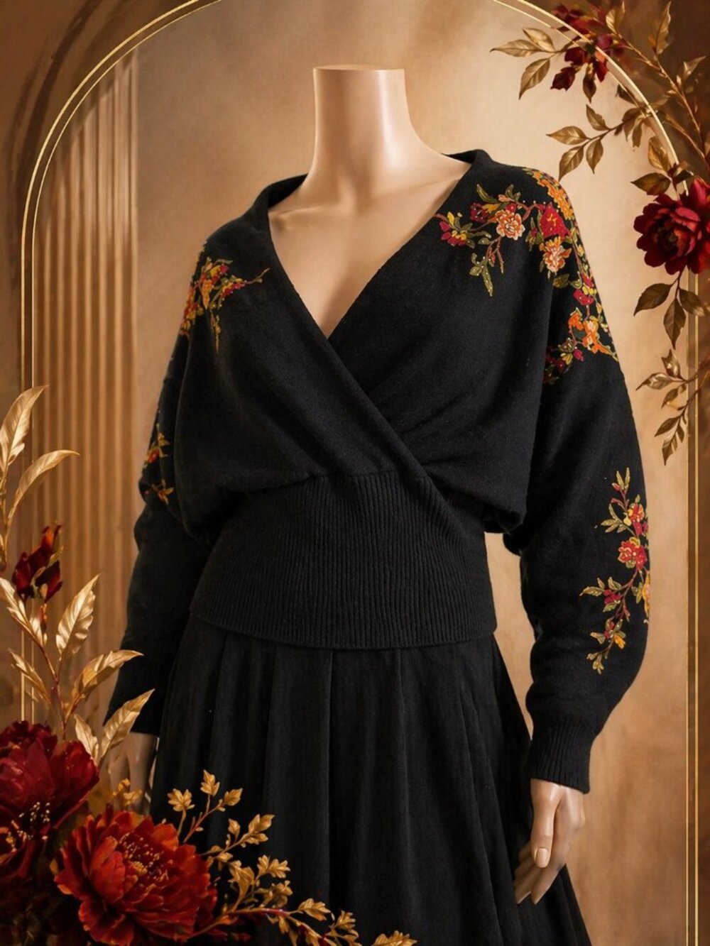 Vintage Black Wrap Knit Sweater Painterly Floral Dolman Sleeve Boho Romantic XL